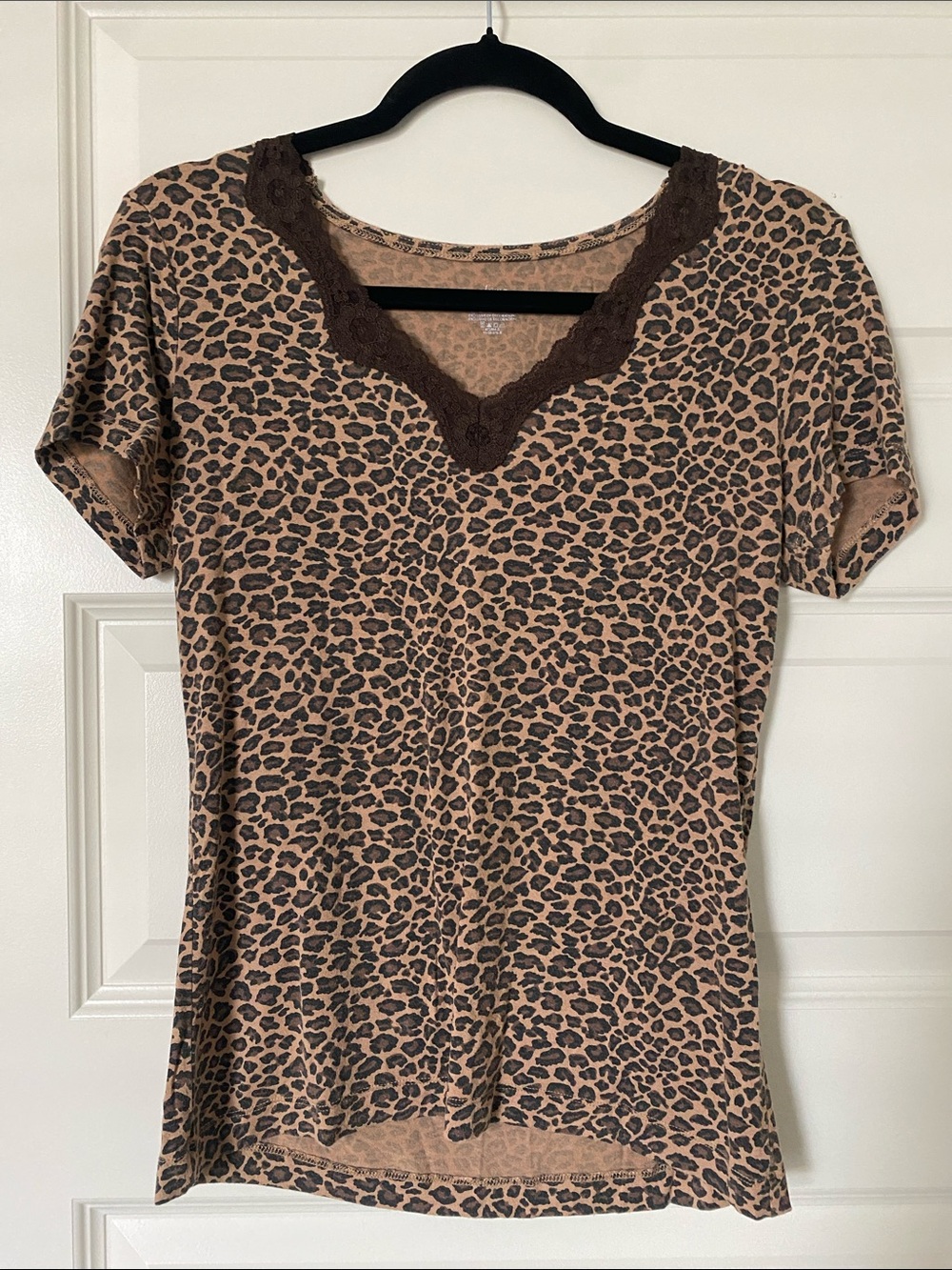 Adonna Short Sleeve Leopard Print Tee with Lace V-Neck - Tan and Brown
